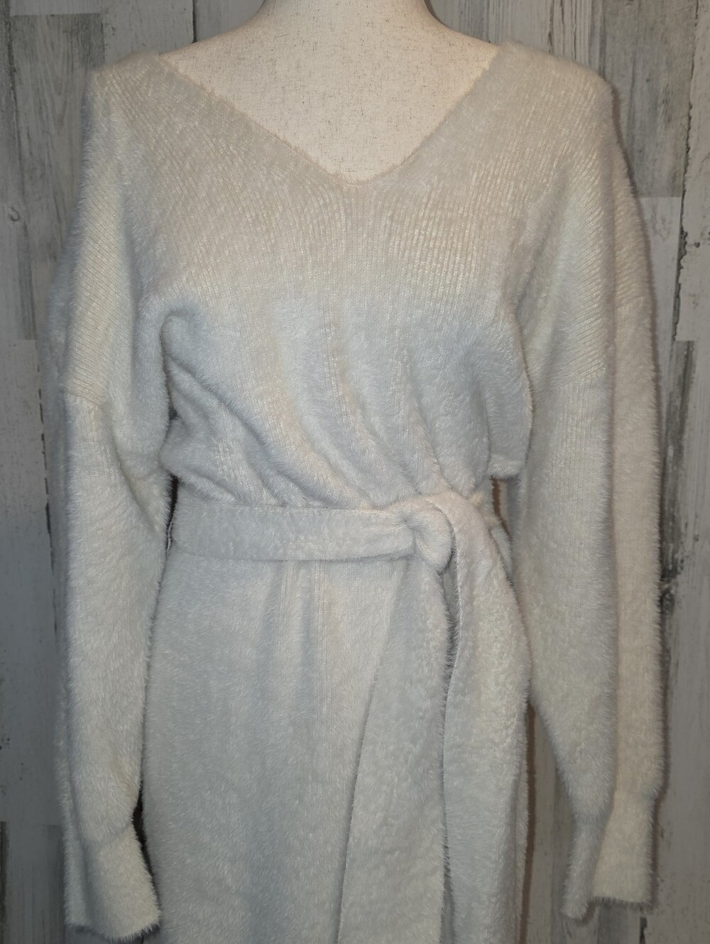 Express Fuzzy Eyelash Knit Sweater Dress Ivory Belted V-Neck Long Sleeve NWT L